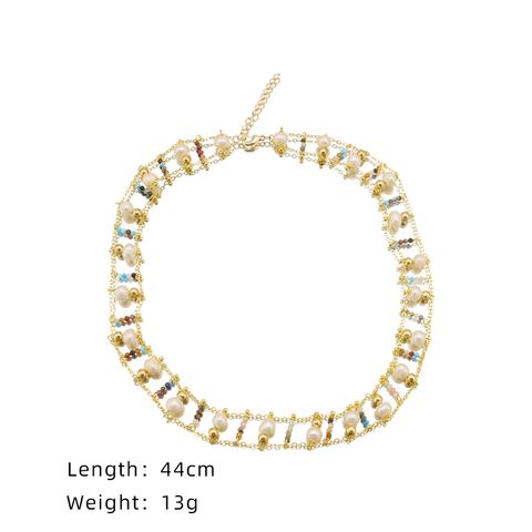 Simple Style Round Freshwater Pearl Copper Beaded Plating 18k Gold Plated Necklace