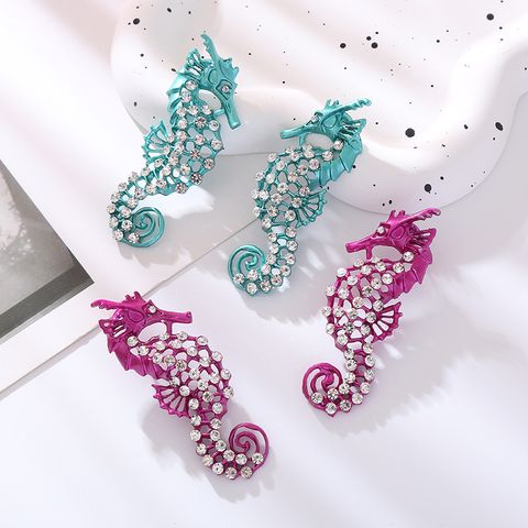 1 Pair Cute Beach Hippocampus Hollow Out Inlay Alloy Rhinestones Ear Studs