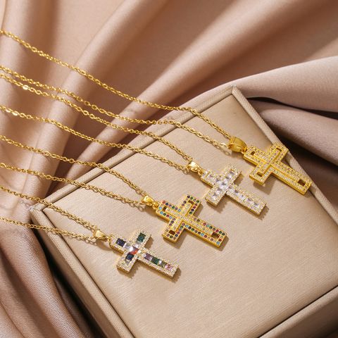 Simple Style Cross Copper Plating Inlay Zircon 18k Gold Plated Pendant Necklace