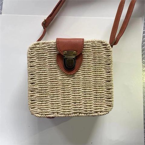 Women's Straw Solid Color Vintage Style Beach Square Hidden Buckle Handbag