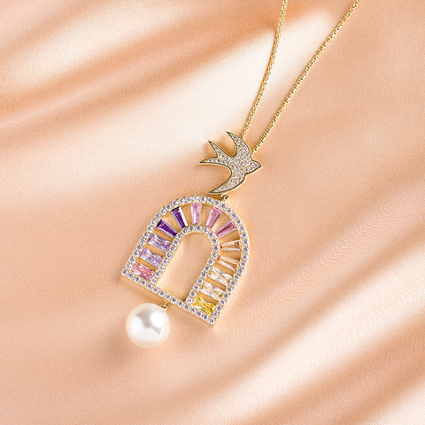 Elegant Glam Geometric Flower Bird Copper Alloy Plating Inlay Artificial Pearls Zircon Women's Sweater Chain
