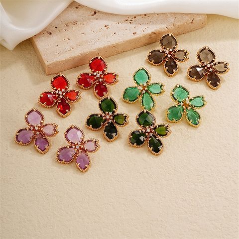 1 Pair Nordic Style Sweet Flower Plating Inlay Copper Zircon K Gold Plated Ear Studs