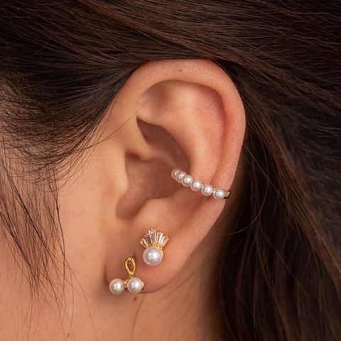 1 Piece French Style Simple Style Korean Style Sector Cherry Inlay Copper Pearl Zircon Ear Studs