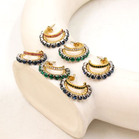 1 Pair IG Style Shiny C Shape Plating Inlay 304 Stainless Steel Pearl Zircon 18K Gold Plated Ear Studs
