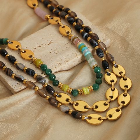 Vintage Style British Style Animal Color Block Agate Titanium Steel Beaded Plating 18k Gold Plated Necklace