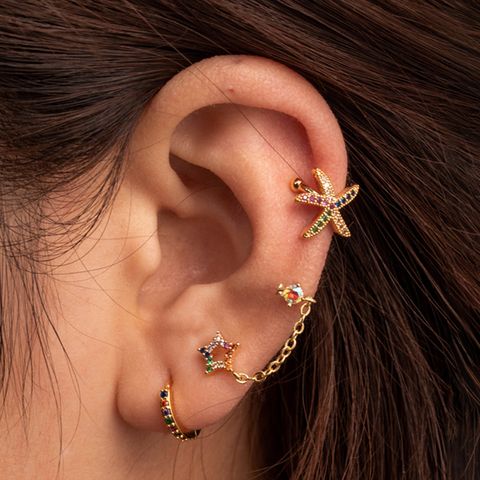 1 Piece French Style Simple Style Korean Style Pentagram Starfish Chain Inlay Copper Zircon Ear Cuffs Ear Studs