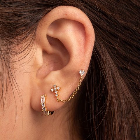 1 Piece IG Style Cross Flower Chain Copper Zircon Ear Studs Cartilage Earrings