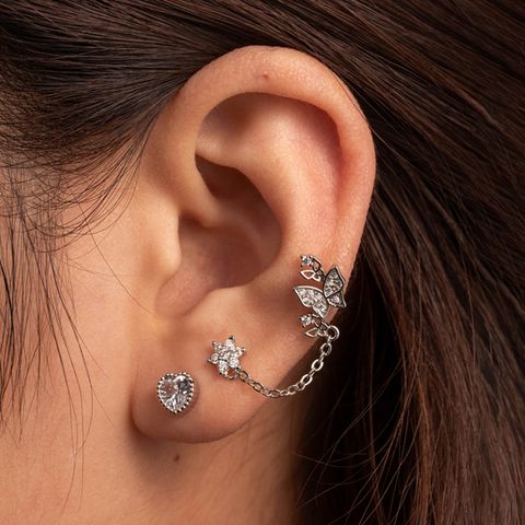 1 Piece IG Style Heart Shape Butterfly Chain Copper Zircon Ear Studs Cartilage Earrings