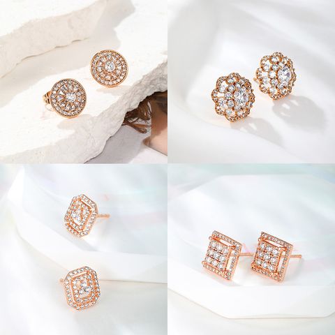 1 Pair Xuping Simple Style Round Square Flower Plating Inlay Alloy Copper Alloy Artificial Gemstones 18k Gold Plated Ear Studs