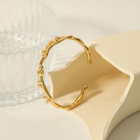 Elegant Vintage Style Geometric Stainless Steel Plating Inlay Artificial Pearls 18k Gold Plated White Gold Plated Bangle