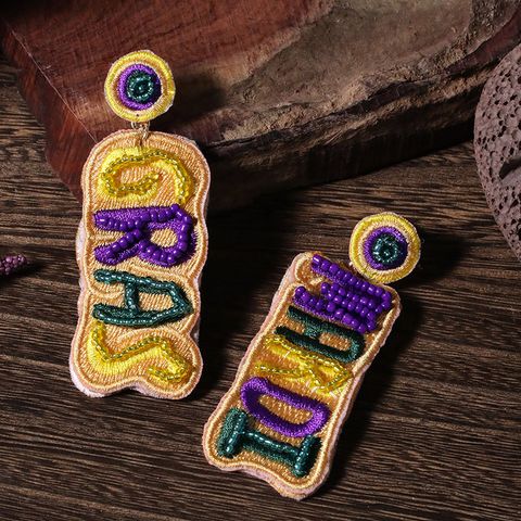 1 Pair Embroidery Letter Asymmetrical Embroidery Cloth Glass Drop Earrings