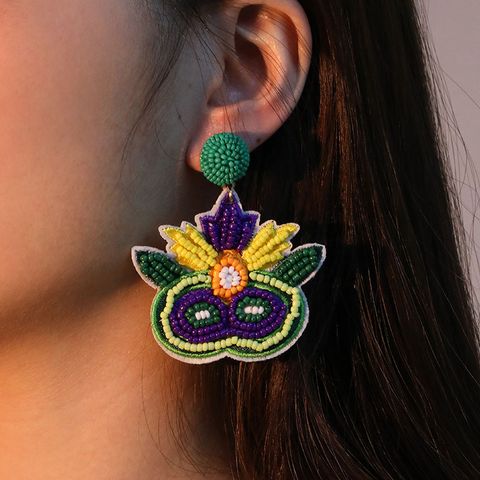 1 Pair Embroidery Mask Beaded Embroidery Cloth Glass Drop Earrings