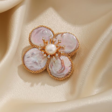 Elegant Luxurious Flower Copper Hollow Out Inlay Freshwater Pearl Women's Brooches 1 Piece