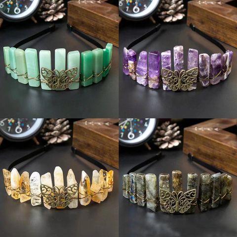 Women's Retro Geometric Butterfly Alloy Handmade Natural Stone Crystal Hair Band Crown