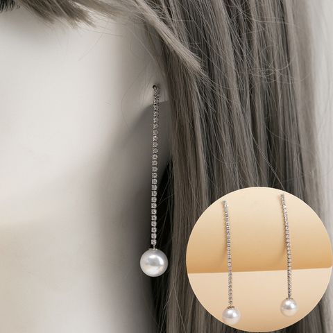 1 Pair Lady Pearl Inlay Metal Rhinestones Drop Earrings