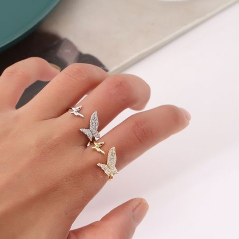 Lady Butterfly Metal Plating Inlay Zircon Unisex Open Rings