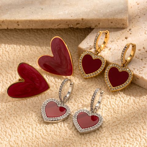 1 Pair Vintage Style French Style Simple Style Oil Painting Heart Shape Stainless Steel Zircon 18k Gold Plated Drop Earrings Ear Studs