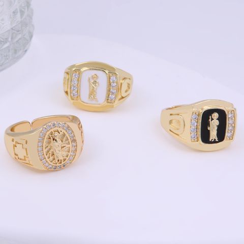 Hip-hop Cool Style Human Copper Enamel Plating Inlay Zircon 18k Gold Plated Wide Band Rings Open Rings