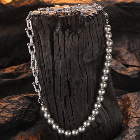 Modern Style Geometric Sterling Silver Plating Inlay Artificial Pearls White Gold Plated Unisex Necklace