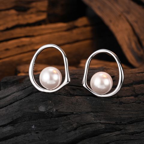 1 Pair Simple Style Round Plating Sterling Silver White Gold Plated Ear Studs