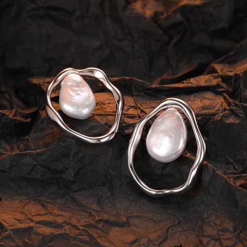 1 Pair Original Design Water Droplets Plating Inlay Sterling Silver Freshwater Pearl White Gold Plated Ear Studs