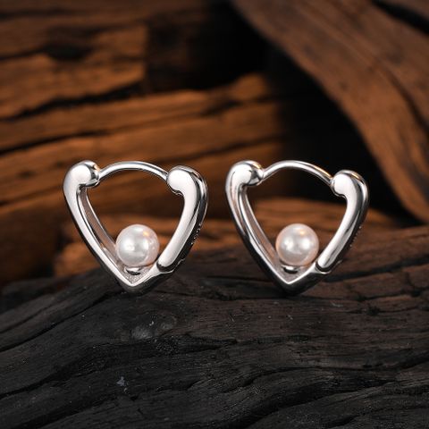 1 Pair Casual Heart Shape Plating Inlay Sterling Silver Shell White Gold Plated Earrings
