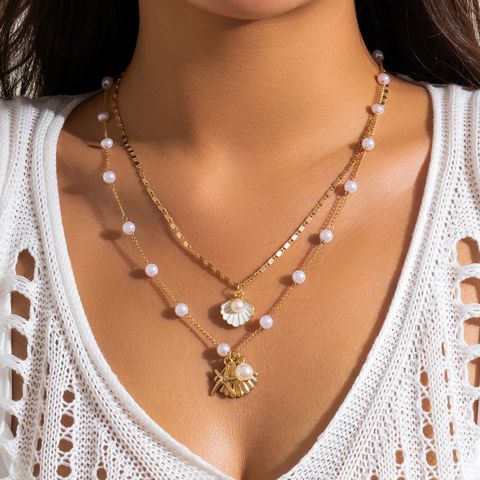 Hawaiian Vacation Marine Style Starfish Shell Imitation Pearl Alloy Copper Women's Pendant Necklace