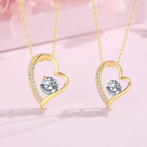 1 Piece Simple Style Heart Shape Sterling Silver Polishing Hollow Out Inlay Rhinestones Pendant Necklace