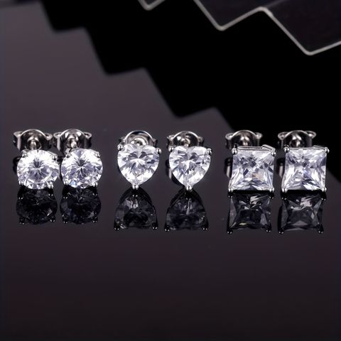 Basic Round Square Heart Shape Copper Plating Inlay Zircon White Gold Plated Ear Studs