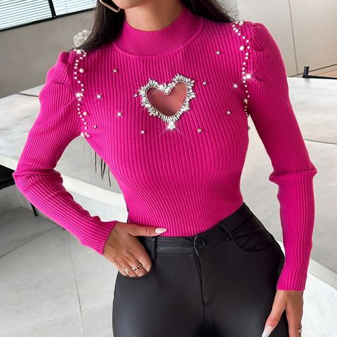 Women's Sweater 3/4 Length Sleeve Sweaters & Cardigans Elegant Heart Shape Solid Color