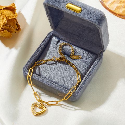 Simple Style Heart Shape Titanium Steel Plating Inlay Rhinestones 18k Gold Plated Bracelets
