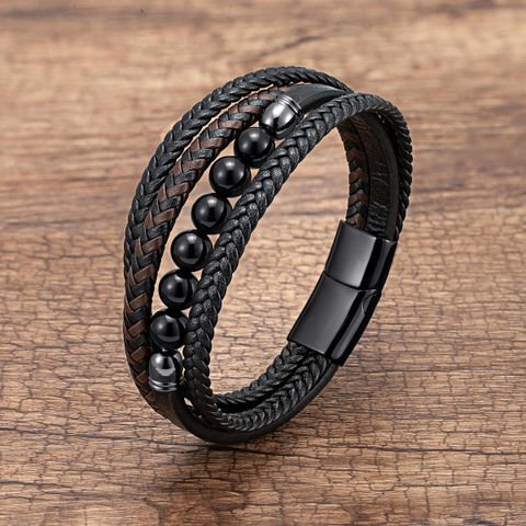 Vintage Style Round Leather Rope Stone Metal Layered Handmade Metal Button Men's Bangle