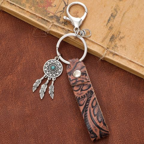 Simple Style Cactus Leaf Dreamcatcher Pu Leather Alloy Turquoise Bag Pendant Keychain