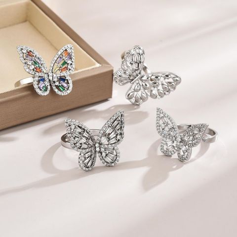 Elegant Simple Style Butterfly Copper Plating Inlay Zircon White Gold Plated Open Rings
