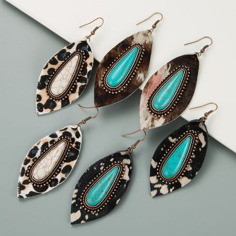 1 Pair Elegant Leopard Inlay Pu Leather Alloy Turquoise Turquoise Drop Earrings