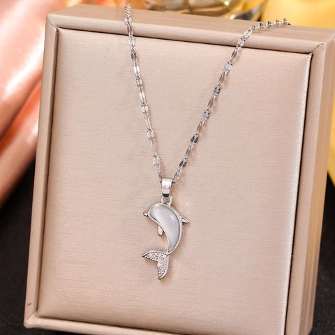 Sweet Simple Style Dolphin Copper Inlay Opal Zircon Pendant Necklace
