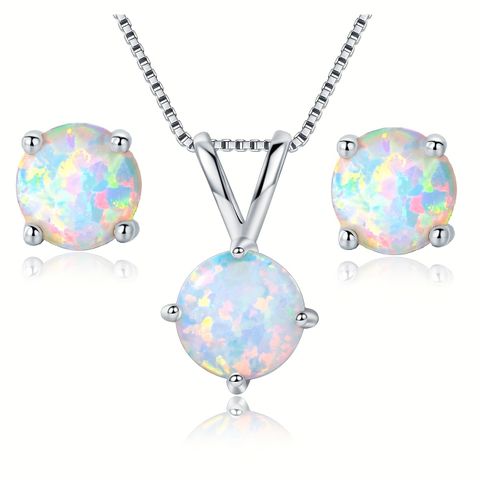 Simple Style Round Copper Plating Inlay Artificial Gemstones White Gold Plated Jewelry Set