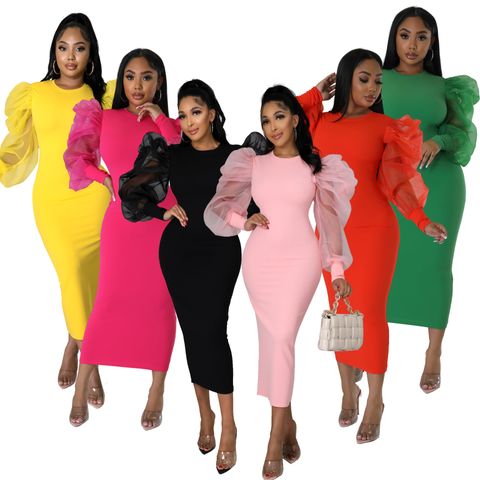 Women's Regular Dress Elegant Round Neck Long Sleeve Solid Color Midi Dress Daily
