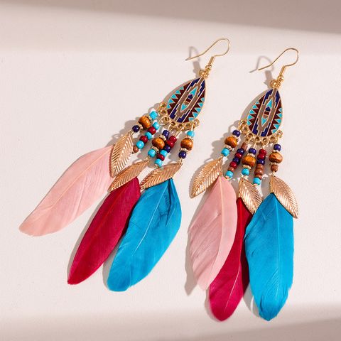 1 Pair Ethnic Style Leaves Water Droplets Beaded Alloy Feather Drop Earrings
