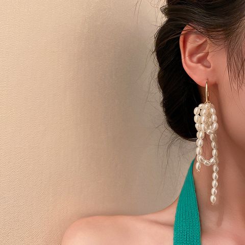 1 Pair Elegant Tassel Alloy Artificial Pearls Drop Earrings