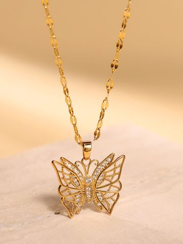 Elegant Butterfly Stainless Steel Zircon 18k Gold Plated Pendant Necklace