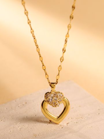 Glam Wedding Bridal Heart Shape Stainless Steel Plating Inlay Zircon 18k Gold Plated Pendant Necklace