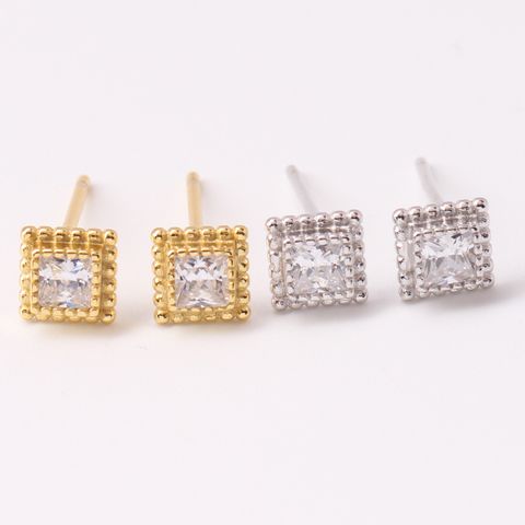 1 Pair Simple Style Square Plating Inlay Sterling Silver Zircon White Gold Plated Ear Studs