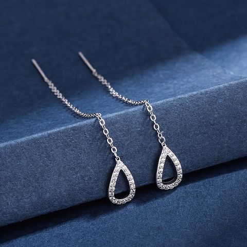1 Pair Simple Style Shiny Water Droplets Plating Chain Inlay Alloy Rhinestones Silver Plated Drop Earrings