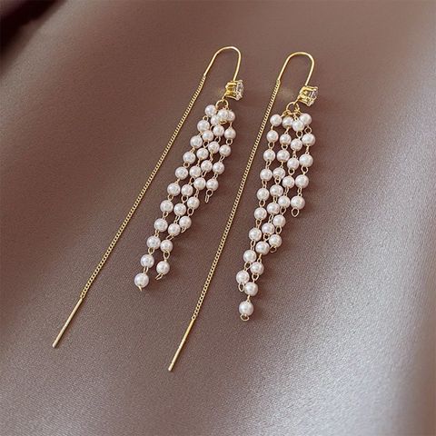 1 Pair Simple Style Tassel Pearl Inlay Alloy Rhinestones Ear Line