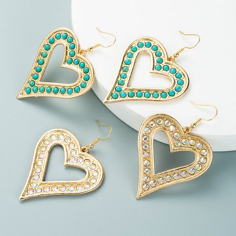 1 Pair Exaggerated Bohemian Heart Shape Plating Inlay Alloy Turquoise Rhinestones Gold Plated Drop Earrings