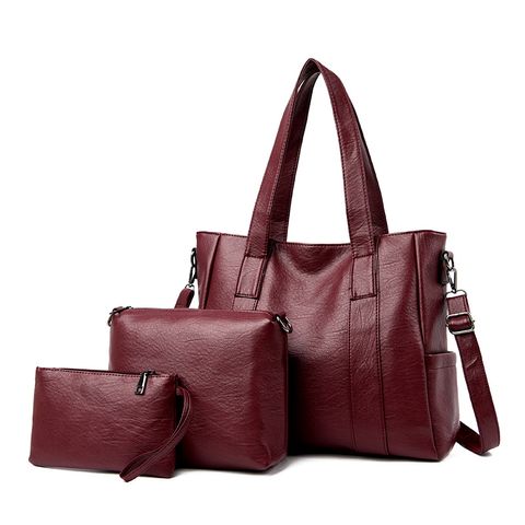 Women's Large Pu Leather Solid Color Vintage Style Square Zipper Tote Bag
