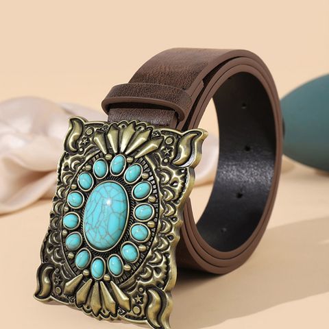 Vintage Style Square Pu Leather Inlay Turquoise Women's Leather Belts