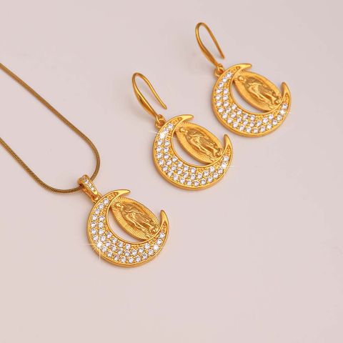 Lady Moon Stainless Steel Copper Plating Inlay Zircon 18k Gold Plated Earrings Necklace