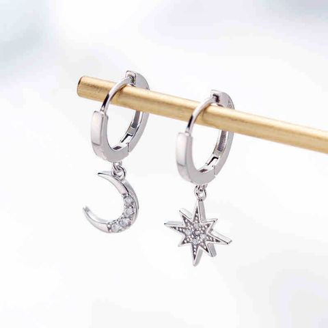 1 Pair Simple Style Star Moon Asymmetrical Plating Inlay Alloy Rhinestones Gold Plated Silver Plated Drop Earrings